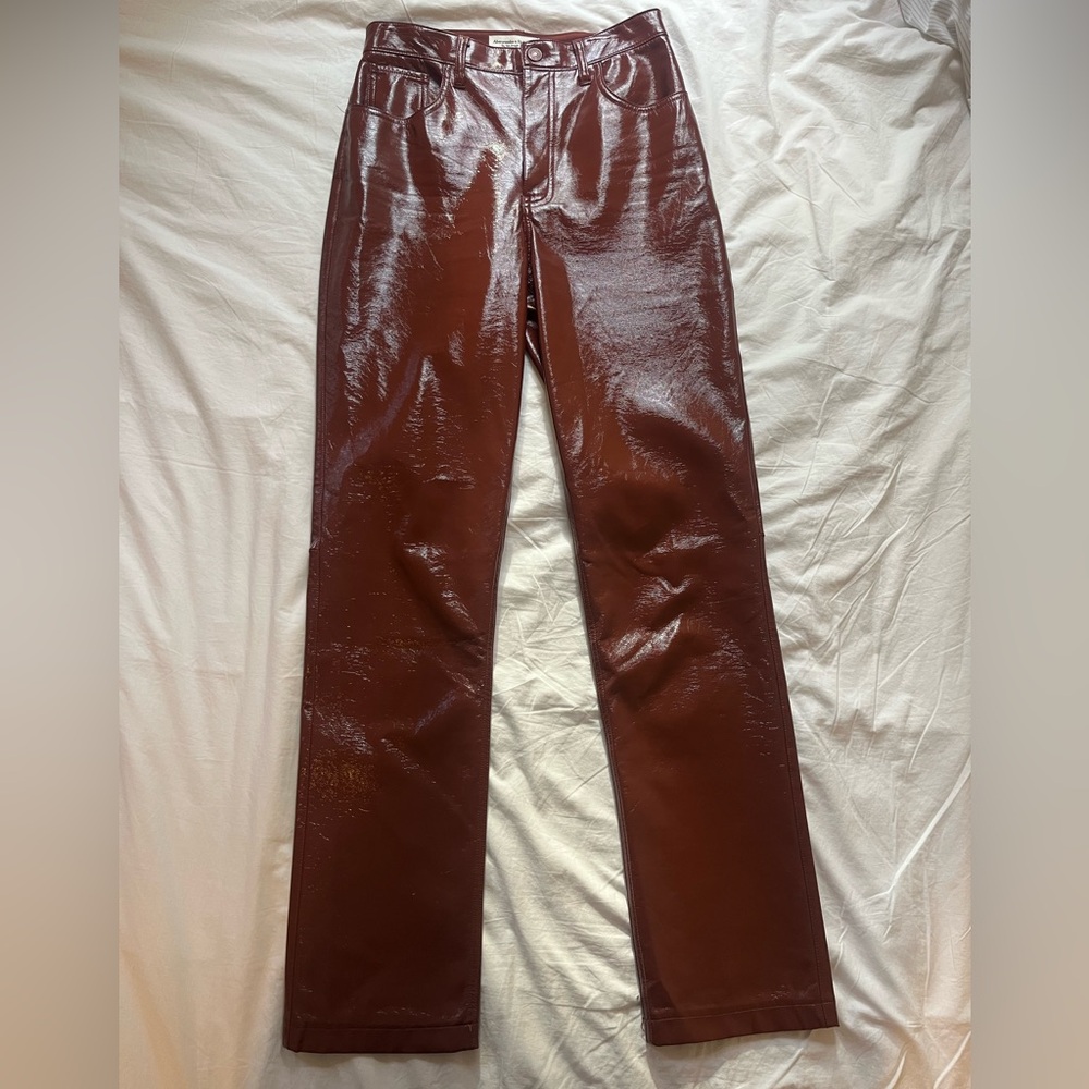 Abercrombie Brown Faux Patent Leather 90s Straight Ultra High Rise Pants 27 Long